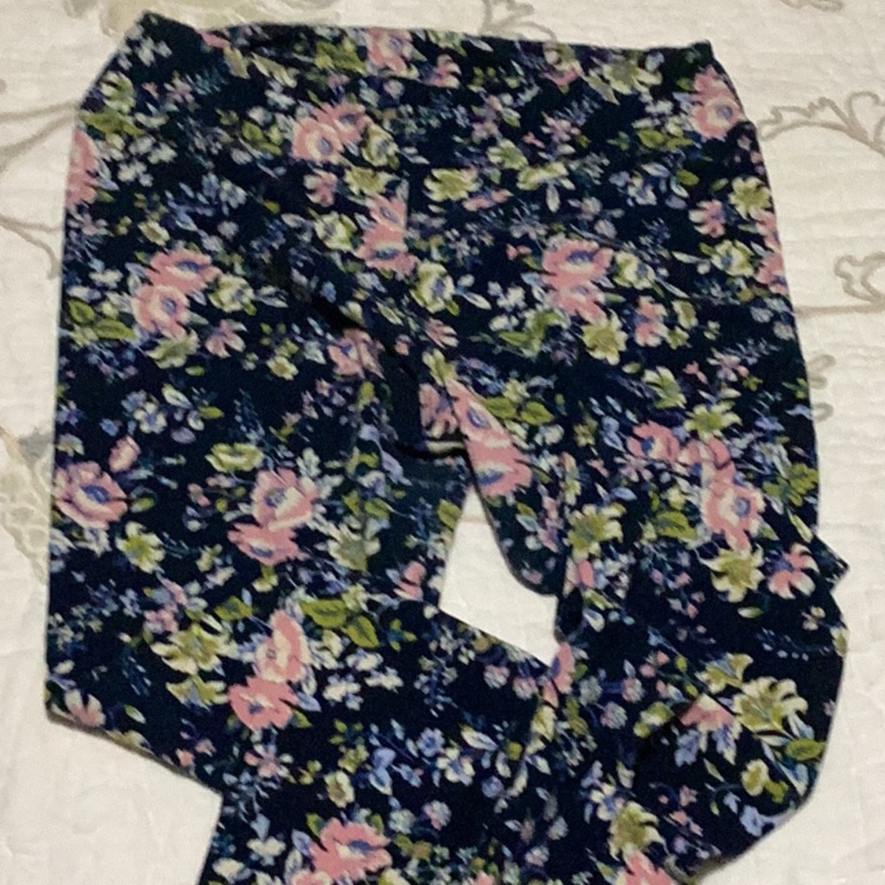 Lalaroe stretch pants.  Blue with pink flowers.